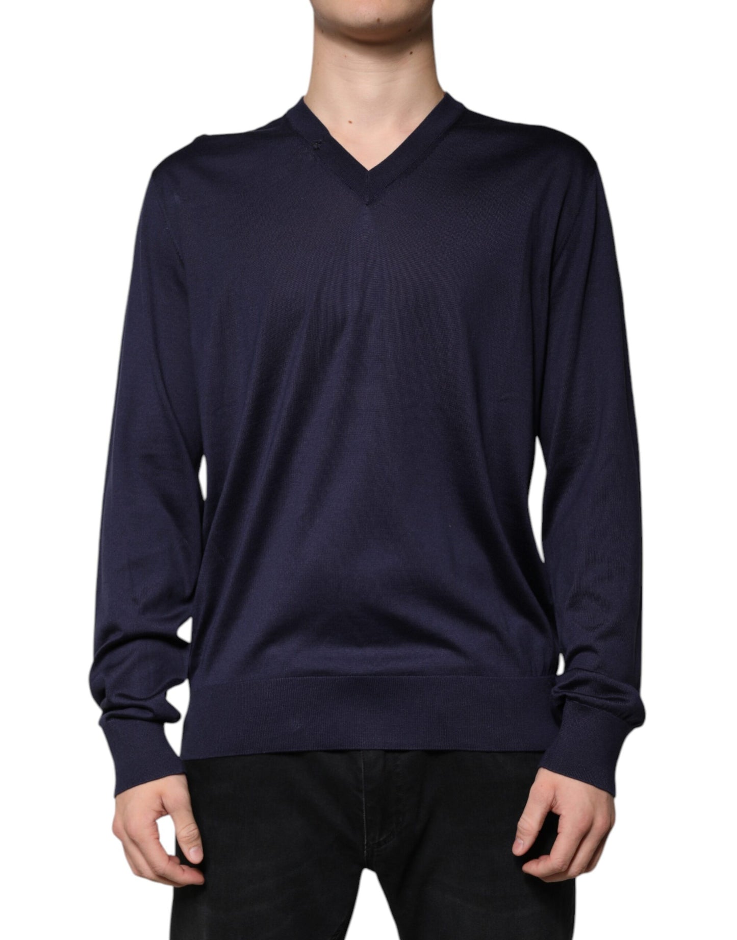 Dolce &amp; Gabbana Marineblauer Seidenpullover mit V-Ausschnitt