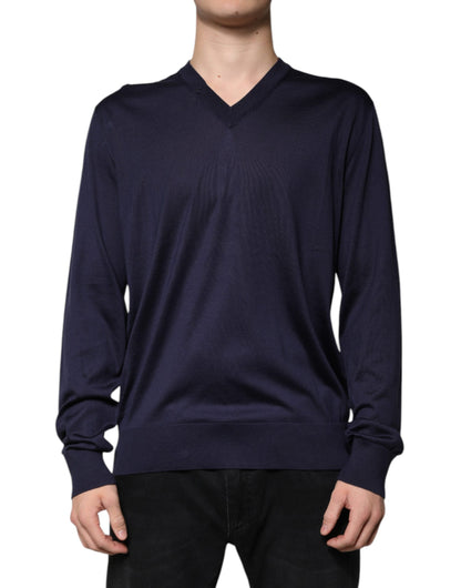 Dolce &amp; Gabbana Marineblauer Seidenpullover mit V-Ausschnitt