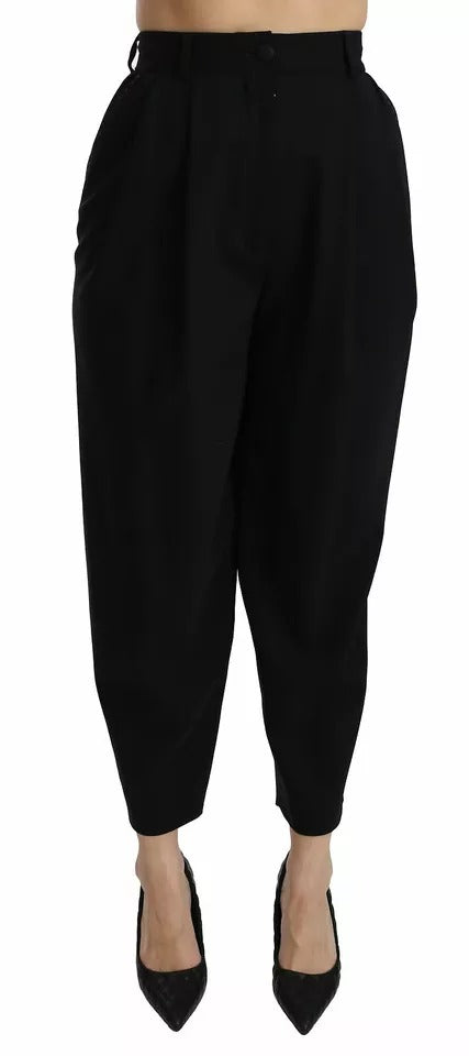Dolce &amp; Gabbana – Schwarze, verkürzte Hose aus Wolle mit hoher Taille und Falten vorne