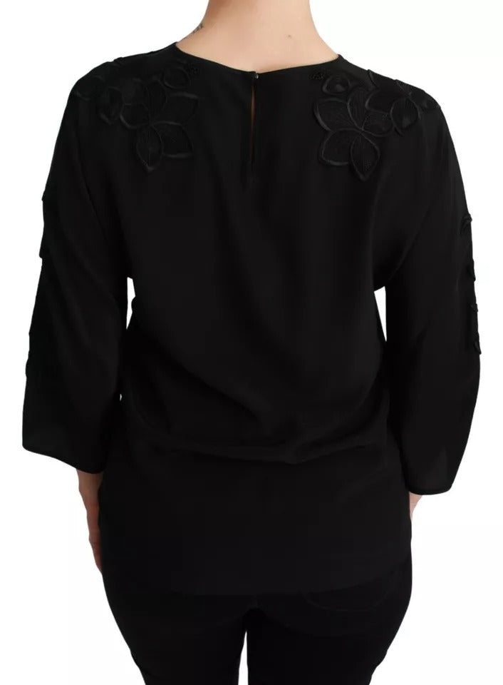 Dolce &amp; Gabbana – Schwarze Bluse mit Blumenstickerei, Seidentop