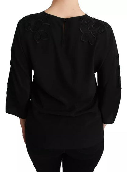 Dolce &amp; Gabbana – Schwarze Bluse mit Blumenstickerei, Seidentop