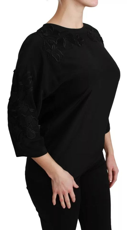 Dolce &amp; Gabbana – Schwarze Bluse mit Blumenstickerei, Seidentop