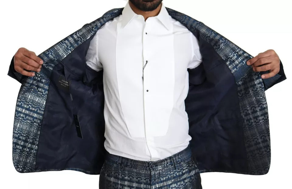 Dolce &amp; Gabbana – Blau-silberner, glänzender, zweiteiliger, schmaler GOLD-Anzug