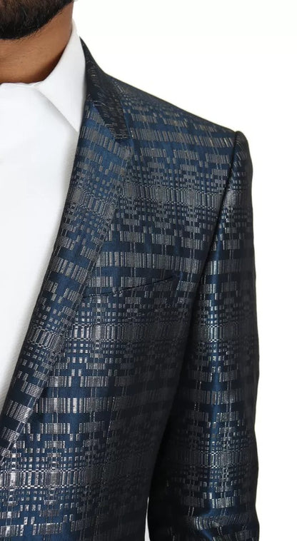 Dolce &amp; Gabbana – Blau-silberner, glänzender, zweiteiliger, schmaler GOLD-Anzug