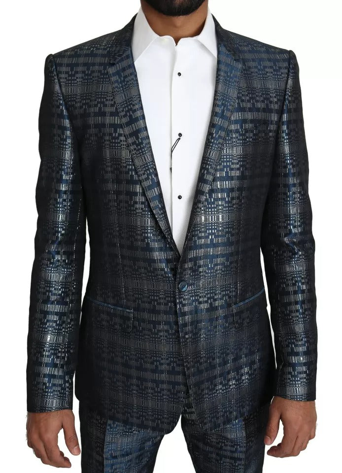 Dolce &amp; Gabbana – Blau-silberner, glänzender, zweiteiliger, schmaler GOLD-Anzug