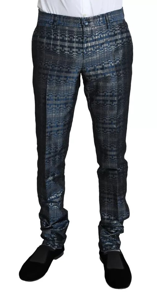 Dolce &amp; Gabbana – Blau-silberner, glänzender, zweiteiliger, schmaler GOLD-Anzug