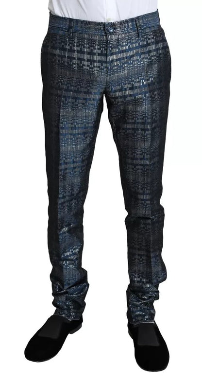 Dolce &amp; Gabbana – Blau-silberner, glänzender, zweiteiliger, schmaler GOLD-Anzug