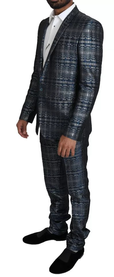 Dolce &amp; Gabbana – Blau-silberner, glänzender, zweiteiliger, schmaler GOLD-Anzug