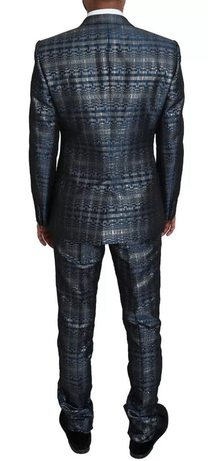 Dolce &amp; Gabbana – Blau-silberner, glänzender, zweiteiliger, schmaler GOLD-Anzug