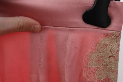 Dolce &amp; Gabbana – Hose aus Seidensatin mit weitem Bein und Spitzenbesatz in Rosa