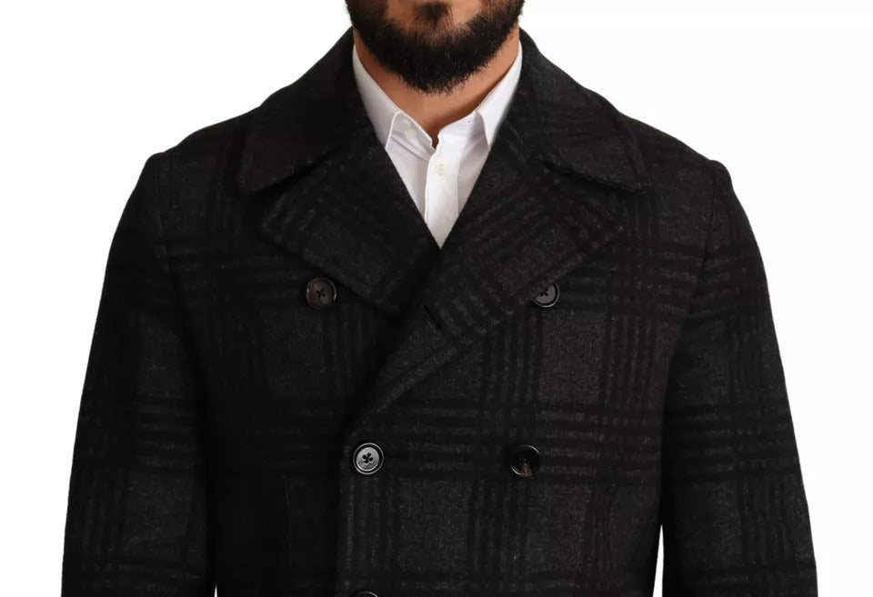 Dolce &amp; Gabbana – Schwarzer Trenchcoat mit Karomuster aus Wolle
