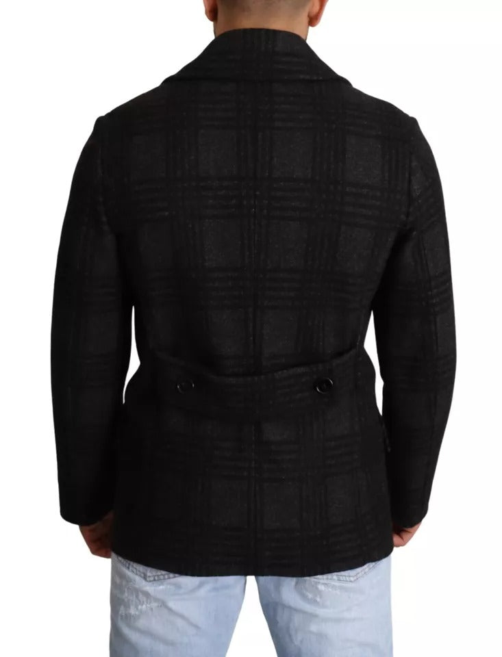 Dolce &amp; Gabbana – Schwarzer Trenchcoat mit Karomuster aus Wolle