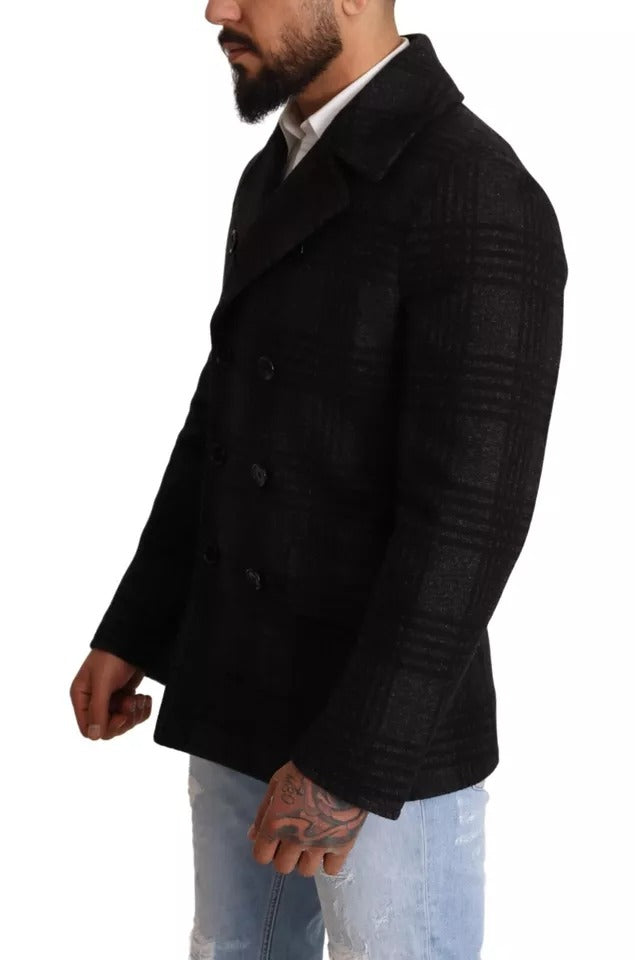 Dolce &amp; Gabbana – Schwarzer Trenchcoat mit Karomuster aus Wolle