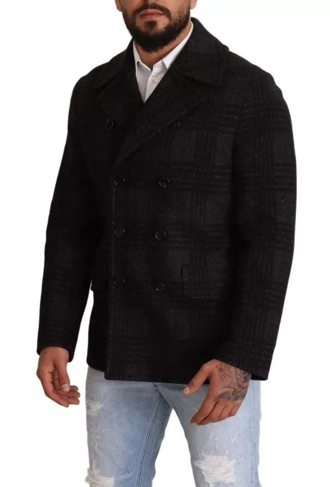 Dolce &amp; Gabbana – Schwarzer Trenchcoat mit Karomuster aus Wolle