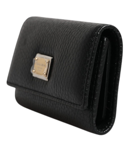 Dolce &amp; Gabbana – Dreifach faltbarer Schlüsselanhänger mit Logo-Plakette aus schwarzem Leder und goldenem Metall