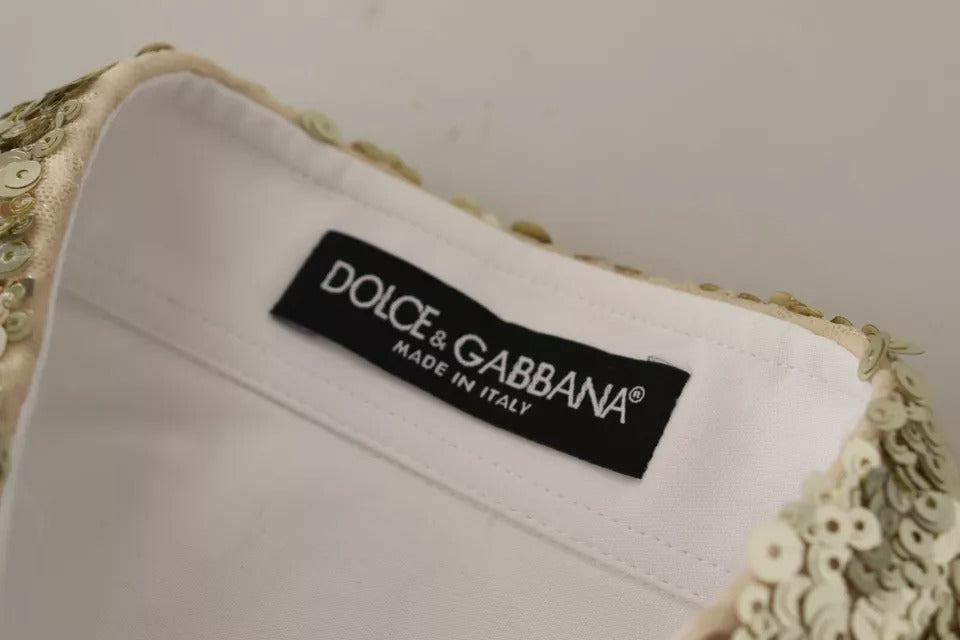 Dolce &amp; Gabbana – Weißes, langärmliges Oberteil aus Baumwolle mit Pailletten und Kragen