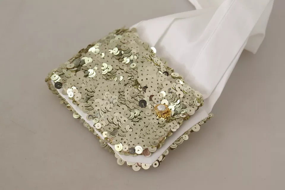 Dolce &amp; Gabbana – Weißes, langärmliges Oberteil aus Baumwolle mit Pailletten und Kragen