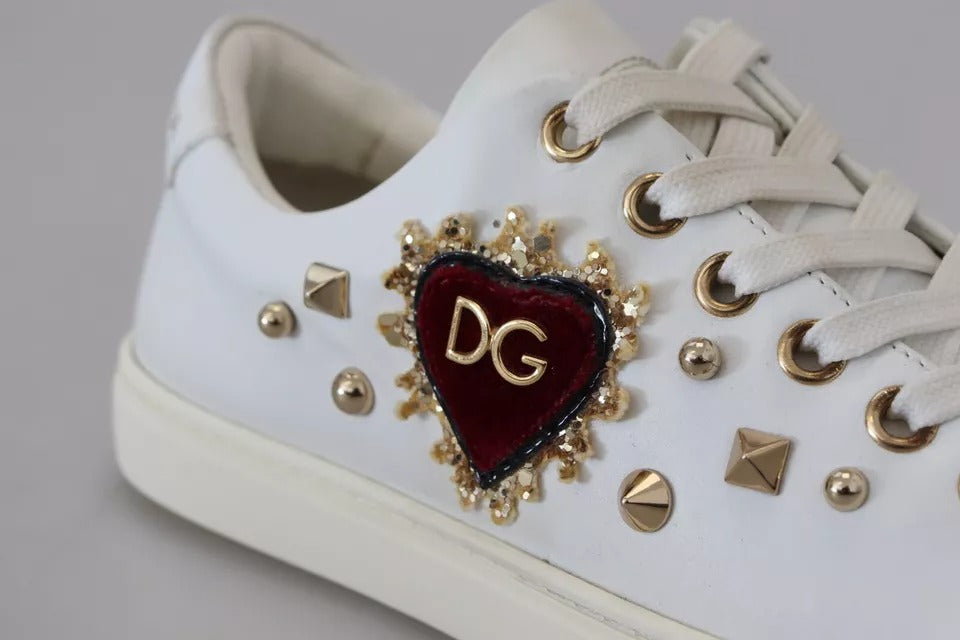 Dolce &amp; Gabbana Weiße Leder Gold Rote Herz Sneakers Schuhe