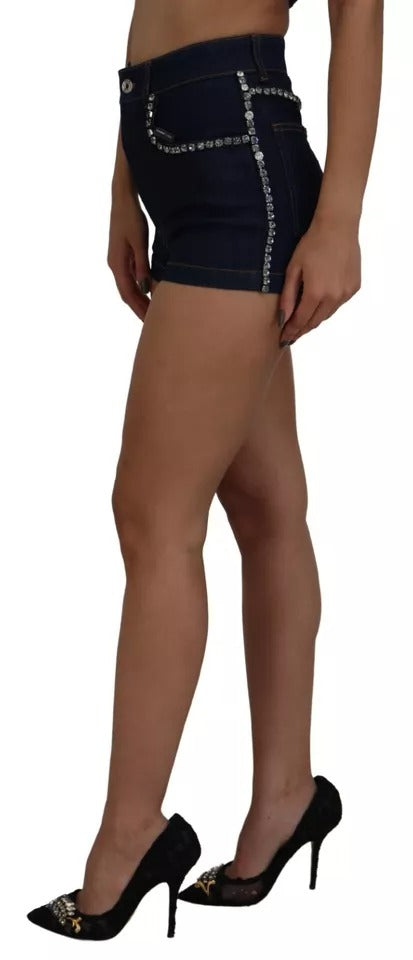 Dolce &amp; Gabbana – Hotpants-Shorts aus Stretch-Denim mit Kristallen in Blau