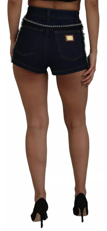 Dolce &amp; Gabbana – Hotpants-Shorts aus Stretch-Denim mit Kristallen in Blau