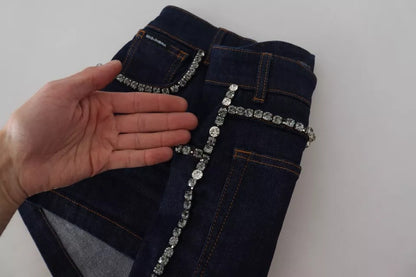 Dolce &amp; Gabbana – Hotpants-Shorts aus Stretch-Denim mit Kristallen in Blau