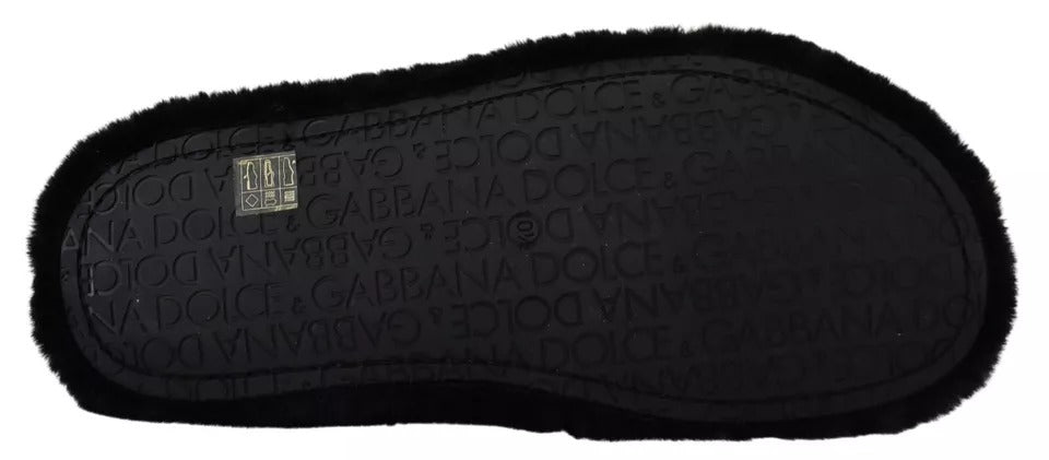 Dolce &amp; Gabbana Schwarze Polyester Kunstpelz Herren Flache Sandalen Schuhe
