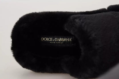 Dolce &amp; Gabbana Schwarze Polyester Kunstpelz Herren Flache Sandalen Schuhe