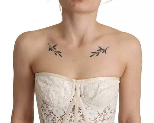 Dolce &amp; Gabbana – Weißes, trägerloses, kurzes Bustier-Top aus floraler Spitze