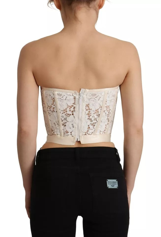 Dolce &amp; Gabbana – Weißes, trägerloses, kurzes Bustier-Top aus floraler Spitze