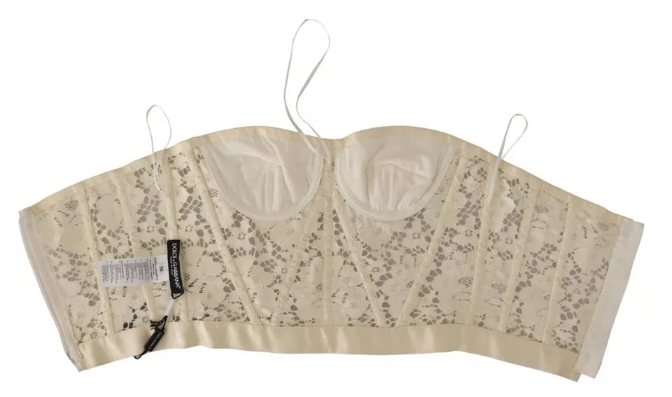 Dolce &amp; Gabbana – Weißes, trägerloses, kurzes Bustier-Top aus floraler Spitze