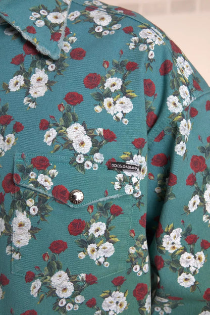 Dolce &amp; Gabbana – Blaues Jeanshemd aus Baumwolle mit Knopfleiste und Blumenmuster