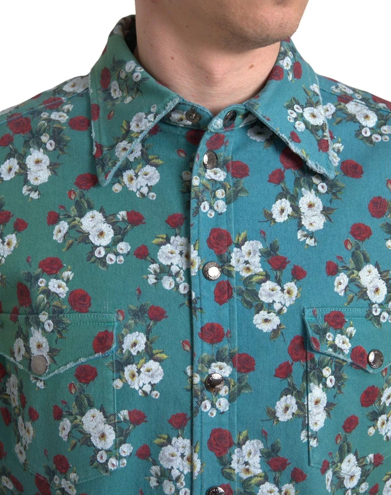 Dolce &amp; Gabbana – Blaues Jeanshemd aus Baumwolle mit Knopfleiste und Blumenmuster