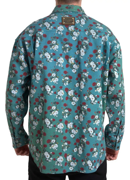 Dolce &amp; Gabbana – Blaues Jeanshemd aus Baumwolle mit Knopfleiste und Blumenmuster