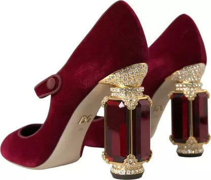 Dolce &amp; Gabbana Mary Janes mit roten Samt- und Goldkristallabsätzen