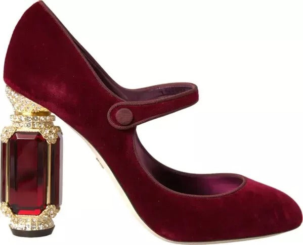 Dolce &amp; Gabbana Mary Janes mit roten Samt- und Goldkristallabsätzen