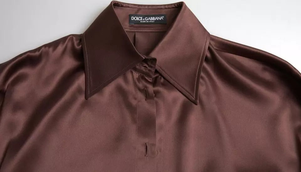Dolce &amp; Gabbana – Braune Bluse mit langen Ärmeln und Kragen aus Seide