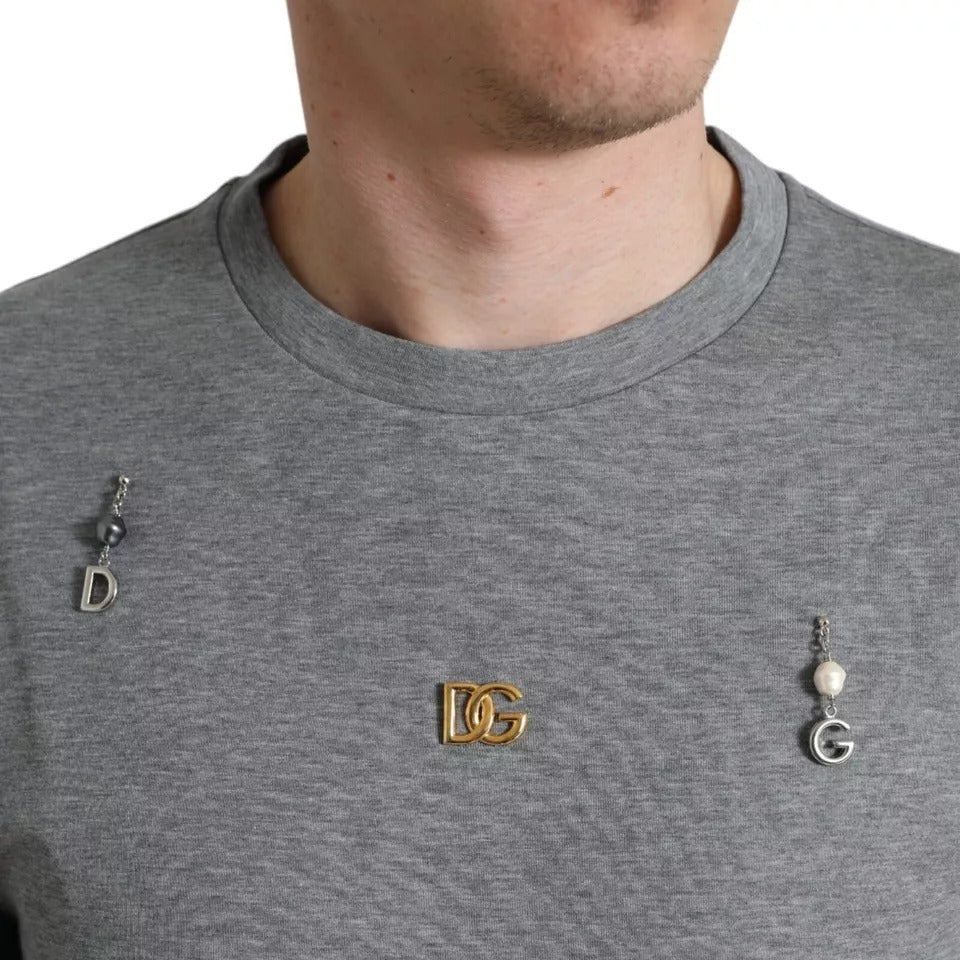 Dolce &amp; Gabbana – Graues, verziertes T-Shirt mit Rundhalsausschnitt aus Baumwolle
