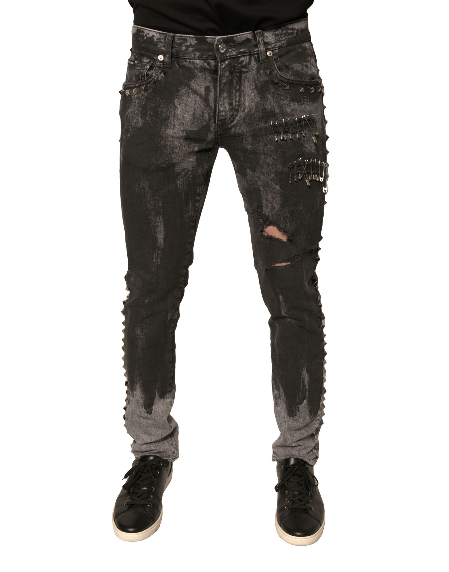 Dolce &amp; Gabbana – Graue Skinny-Jeans aus Baumwolle mit Verzierung
