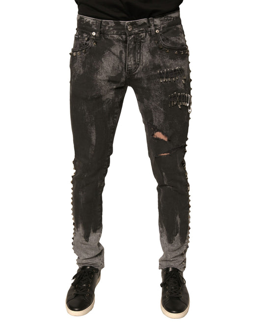 Dolce &amp; Gabbana – Graue Skinny-Jeans aus Baumwolle mit Verzierung