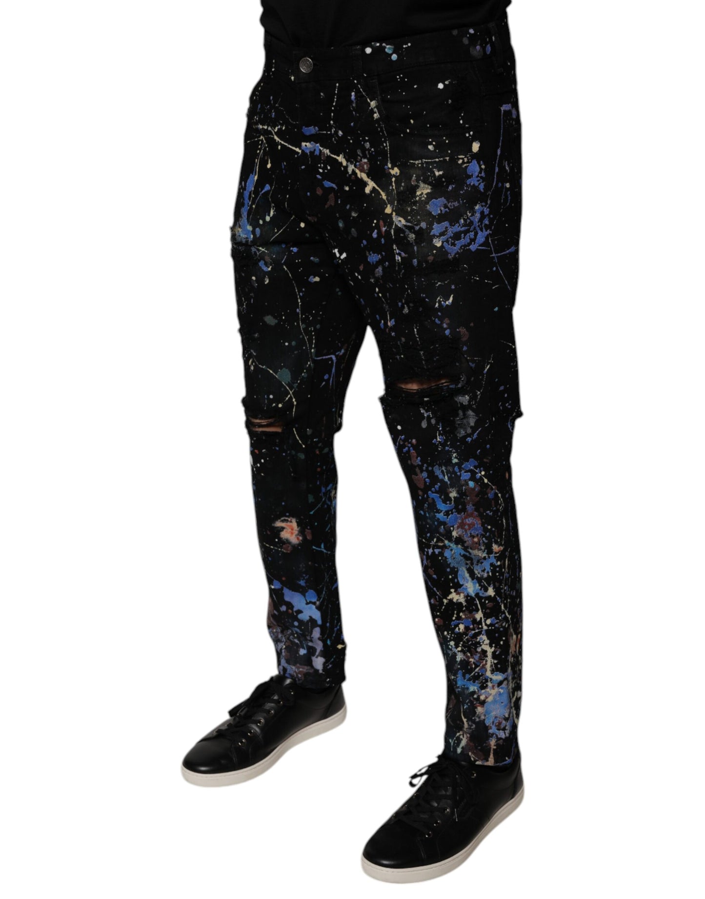 Dolce &amp; Gabbana – Schwarze Skinny-Jeans aus Baumwoll-Color-Splash-Denim