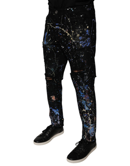 Dolce &amp; Gabbana – Schwarze Skinny-Jeans aus Baumwoll-Color-Splash-Denim