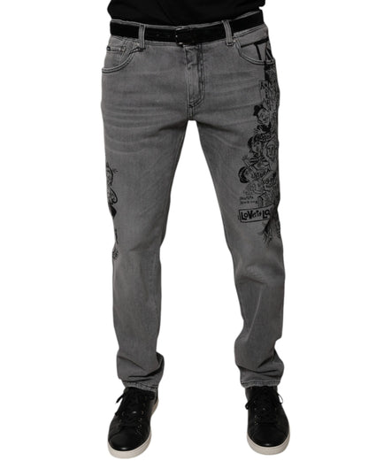 Dolce &amp; Gabbana – Graue Skinny-Jeans aus Baumwolle mit Grafikdruck