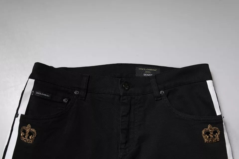 Dolce &amp; Gabbana – Schwarze, Röhrenjeans mit Krone und weißem Futter
