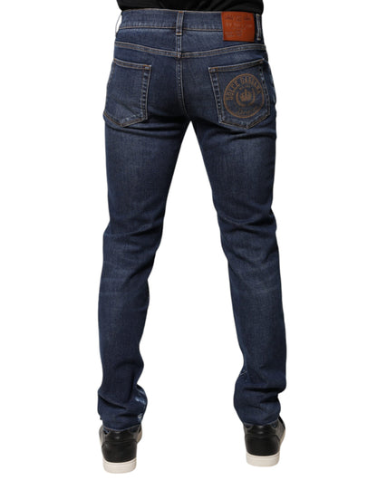 Dolce &amp; Gabbana – Slim Fit-Jeans aus Baumwolle mit Logo-Print in Blau