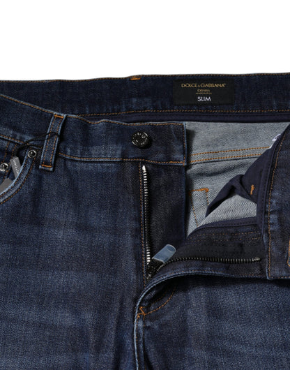 Dolce &amp; Gabbana – Slim Fit-Jeans aus Baumwolle mit Logo-Print in Blau