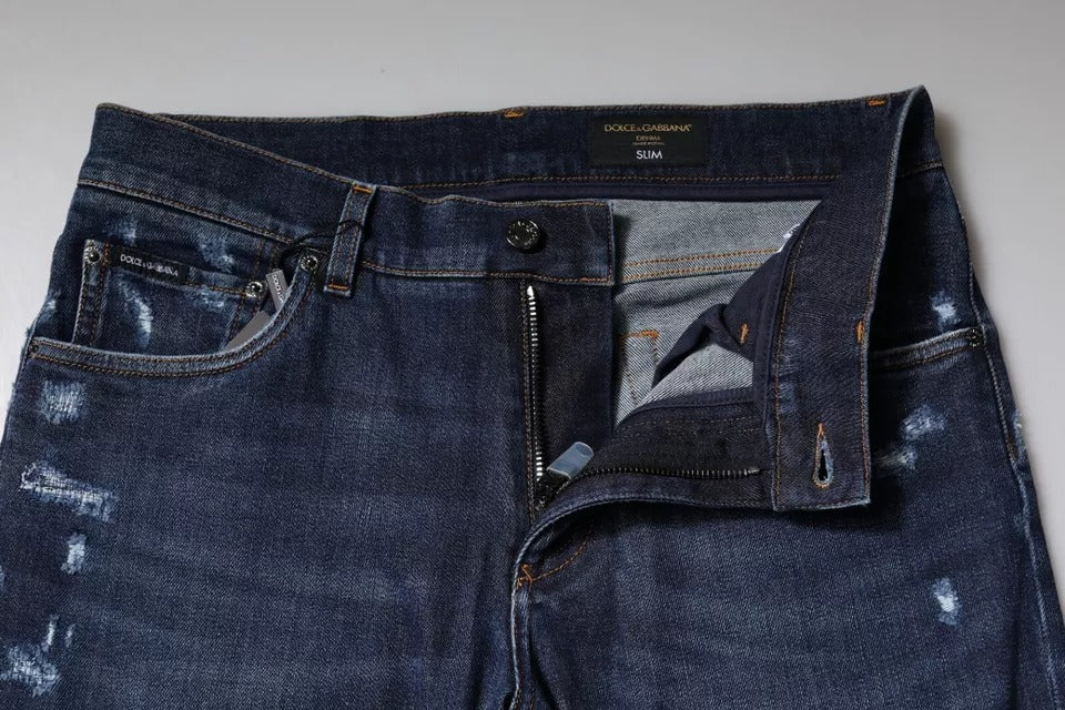Dolce &amp; Gabbana – Slim Fit-Jeans aus Baumwolle mit Logo-Print in Blau