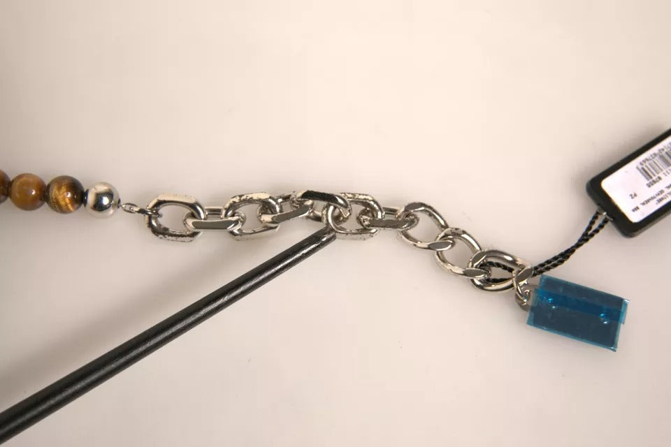 Dolce &amp; Gabbana Schlüsselanhänger mit Logo-Plakette aus silberner Messingkette mit Perlen