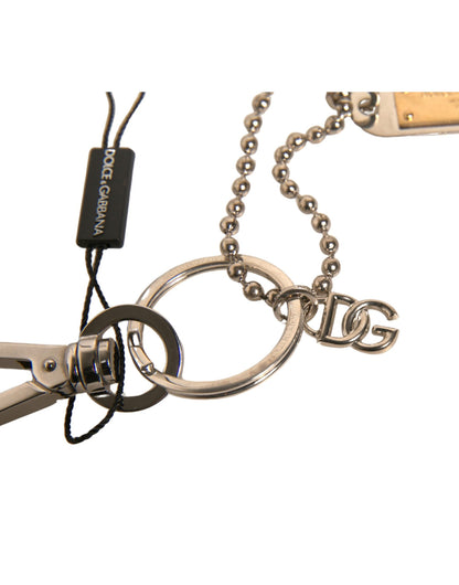 Dolce &amp; Gabbana Schlüsselanhänger mit Logo-Plakette aus silberner Messingkette mit Perlen