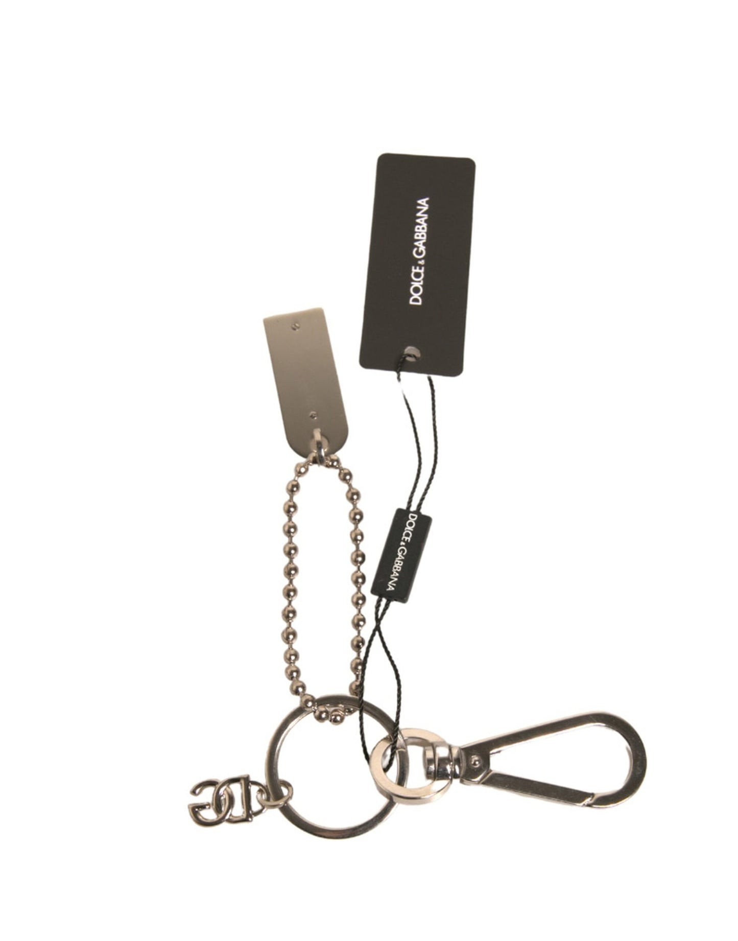 Dolce &amp; Gabbana Schlüsselanhänger mit Logo-Plakette aus silberner Messingkette mit Perlen