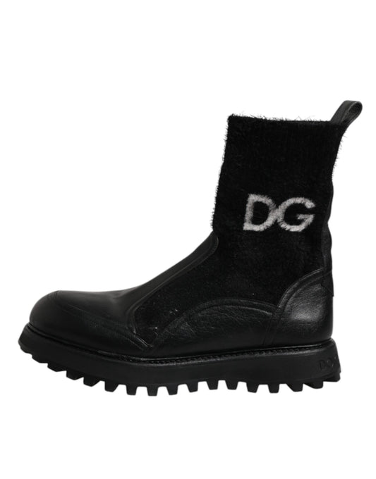 Dolce &amp; Gabbana – Schwarze Stiefeletten mit DG-Logo und Pferdesocken